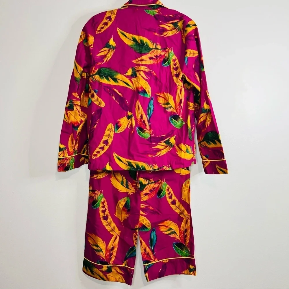Anthropologie Farm Tio Pink Feather Botanical Pajama Set Wide-Leg Silhouette xs